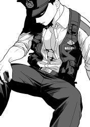 Rule 34 | 1boy, abs, absurdres, belt, black pouch, black vest, collared shirt, eyes in shadow, greyscale, hand on floor, hand on own knee, hat, head down, highres, kamenreon1213, leaning back, looking at viewer, male focus, monochrome, open clothes, open shirt, original, pants, parted lips, pectorals, police, police hat, police uniform, shaded face, shirt, short hair, simple background, sitting, sleeves rolled up, solo, spread legs, toned, toned male, uniform, vest, white shirt