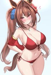 Rule 34 | 1girl, animal ears, bare shoulders, bead necklace, beads, bikini, blush, bow, breasts, brown hair, cleavage, collarbone, commentary request, daiwa scarlet (umamusume), front-tie top, gluteal fold, green bow, hair bow, hair intakes, halterneck, hands on own hips, highres, horse ears, horse girl, horse tail, jewelry, kibihimi, large breasts, long hair, looking at viewer, navel, necklace, red bikini, red eyes, side-tie bikini bottom, sketch, solo, squiggle, swimsuit, tail, thighs, twintails, umamusume, very long hair, white background