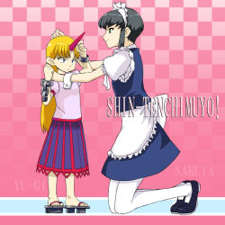 Rule 34 | 1990s (style), 2girls, alternate costume, amano hosikawa, apron, black hair, blonde hair, blue dress, blue eyes, chain, character name, checkered background, cosplay, cuffs, dress, enmaided, geta, green eyes, horns, hoshiguma yuugi, hoshiguma yuugi (cosplay), izayoi sakuya, izayoi sakuya (cosplay), kumashiro sakuya, long hair, maid, maid apron, maid headdress, multiple girls, oni horns, puffy short sleeves, puffy sleeves, red stripes, retro artstyle, shackles, shin tenchi muyou!, shirt, shoes, short hair, short sleeves, sidelocks, single horn, skirt, striped clothes, striped skirt, tenchi muyou!, touhou, waist apron, white apron, white sleeves, yuugi (tenchi muyou!)