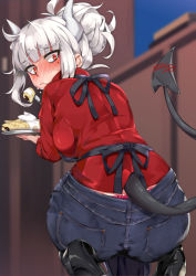 Rule 34 | 1girl, apron, ass, black apron, black tail, blue pants, blush, boots, breasts, closed mouth, demon girl, demon horns, demon tail, denim, eating, food, fork, helltaker, high heel boots, high heels, horns, jeans, large breasts, long hair, long sleeves, looking at viewer, looking back, lucifer (helltaker), mole, mole under eye, naha78, painttool sai (medium), pancake, pants, plate, ponytail, red eyes, red shirt, shirt, squatting, tail, white hair, white horns