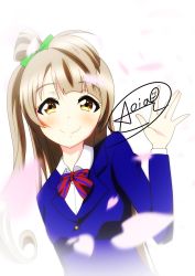 Rule 34 | 1girl, aoi ao ao, artist name, artist request, blue jacket, blush, bow, breasts, brown eyes, brown hair, collared shirt, female focus, green bow, grey hair, hair bow, hand wave, highres, jacket, light brown hair, long hair, looking at viewer, love live!, love live! school idol project, minami kotori, parted lips, red bow, school uniform, shirt, side ponytail, smile, solo, striped, striped bow, white background