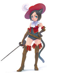 Rule 34 | animal ears, boots, cat ears, cat tail, cavalier hat, hat, rapier, simple background, solo, sword, tail, thigh boots, thighhighs, weapon, weno