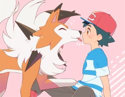Rule 34 | 1boy, ash ketchum, baseball cap, black hair, blue shirt, brown eyes, brown shorts, commentary request, creatures (company), emphasis lines, eye contact, closed eyes, game freak, gen 7 pokemon, hat, heart, licking, looking at another, lycanroc, lycanroc (dusk), nintendo, okaohito1, pink background, pokemon, pokemon (anime), pokemon (creature), pokemon sm (anime), shirt, short sleeves, shorts, simple background, sitting, spiked hair, tongue, tongue out