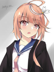 Rule 34 | 1girl, ahoge, artist name, black jacket, dated, gakky, hair ornament, hairclip, i-58 (kancolle), jacket, kantai collection, long sleeves, looking at viewer, neckerchief, one-hour drawing challenge, open mouth, orange eyes, orange hair, school uniform, serafuku, solo