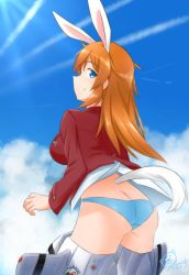Rule 34 | 1girl, ass, blazer, blue eyes, blush, breasts, butt crack, charlotte e. yeager, closed mouth, contrail, flying, from behind, jacket, kukoroko, large breasts, long hair, looking at viewer, looking back, orange hair, panties, rabbit ears, rabbit girl, rabbit tail, red jacket, sky, smile, solo, strike witches, striker unit, underwear, white panties, world witches series