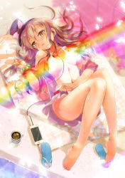 Rule 34 | 1girl, ball, bare legs, bare shoulders, barefoot, beachball, black hat, blue footwear, blush, bow, breasts, brown eyes, brown hair, cafe-chan to break time, cafe (cafe-chan to break time), cellphone, clothes lift, coffee cup, collarbone, commentary request, cup, disposable cup, earphones, hat, hat bow, head tilt, highres, holding, holding hair, jacket, light censor, long hair, looking at viewer, lying, mini hat, mini top hat, navel, off shoulder, on back, open clothes, open jacket, original, parted lips, phone, pink bow, pink jacket, plaid, plaid scrunchie, pleated skirt, poolside, porurin (do-desho), sandals, scrunchie, shoes, short sleeves, skirt, skirt lift, small breasts, smartphone, solo, top hat, transparent, unworn sandals, unworn shoes, very long hair, wet, white skirt, wrist scrunchie, yellow scrunchie