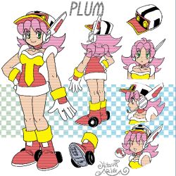 Rule 34 | 1girl, ?, ahoge, android, ankle boots, aqua background, ariga hitoshi, artist name, baseball cap, blush, boots, character name, character sheet, checkered background, choker, closed mouth, commentary request, concept art, dot nose, dress, expressions, from behind, from side, full body, fur-trimmed dress, fur trim, gloves, gradient background, green background, green eyes, hat, headset, highres, inline skates, long hair, looking ahead, looking at viewer, looking up, mega man: battle &amp; chase, mega man (classic), mega man (series), mega man megamix, multiple views, no humans, open mouth, pink hair, plum (mega man), pointy hair, portrait, profile, raised eyebrow, red choker, red dress, red footwear, robot, roller skates, scanlines, shoe soles, signature, simple background, skates, sleeveless, sleeveless dress, smile, solid oval eyes, standing, three quarter view, turnaround, white background, white gloves
