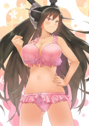 Rule 34 | 10s, 1girl, black hair, bra, breasts, clenched hand, collarbone, eyebrows, floral background, frilled underwear, gluteal fold, hand on own hip, headgear, highres, kantai collection, large breasts, long hair, nagato (kancolle), navel, panties, pink bra, pink panties, red eyes, solo, tonarikeru, underwear