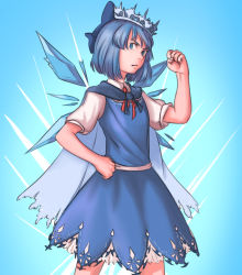 Rule 34 | 1girl, blue eyes, blue hair, bow, cape, cirno, clenched hand, cowboy shot, crown, dress, embellished costume, gradient background, hair bow, matching hair/eyes, mefomefo, serious, shirt, short hair, short sleeves, solo, touhou, wings