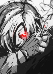 Rule 34 | 10s, 1boy, cigarette, enemy tachi, face, glowing, glowing eyes, hair over one eye, historical revisionist, ishitsu kenzou, male focus, monochrome, red eyes, smoke, solo, spot color, touken ranbu