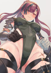 Rule 34 | 1girl, adjusting clothes, adjusting leotard, bandaged arm, bandages, bare shoulders, black footwear, black gloves, blush, boots, breasts, closed mouth, covered erect nipples, covered navel, cross scar, from below, gloves, gluteal fold, granblue fantasy, green leotard, grey hair, hair between eyes, highleg, highleg leotard, highres, large breasts, leotard, leotard tug, long hair, looking at viewer, meg (granblue fantasy), multicolored hair, nuko (mikupantu), pink hair, ponytail, red eyes, scar, simple background, single glove, solo, streaked hair, sweat, thigh boots, thigh strap, thighhighs, thighs