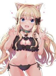 Rule 34 | 1girl, animal collar, animal ears, bell, black bow, black bra, black panties, blonde hair, blue eyes, blush, bow, bra, breasts, cat cutout, cat ear panties, cat ears, cat lingerie, cat tail, claw pose, cleavage, cleavage cutout, clothing cutout, collar, commentary, cowboy shot, ear blush, elf, fang, flying sweatdrops, frilled bra, frills, green collar, groin, hair bow, heart, highres, jingle bell, kemonomimi mode, lingerie, long hair, looking at viewer, medium breasts, meme attire, navel, neck bell, open mouth, panties, paw print, pointy ears, princess connect!, saren (princess connect!), side-tie panties, simple background, skin fang, smile, solo, standing, tail, totake081, underwear, very long hair, white background