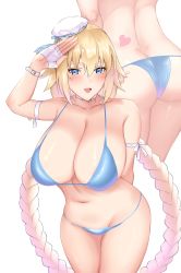 Rule 34 | 1girl, :d, absurdres, arm behind back, armlet, ass, bikini, blonde hair, blue bikini, blue eyes, blue skirt, blush, braid, breasts, butt crack, choker, cleavage, commentary request, crimecrime, curvy, dimples of venus, fate/grand order, fate (series), fingerless gloves, gloves, hair between eyes, half gloves, heart, heart tattoo, highres, huge breasts, jeanne d&#039;arc (fate), jeanne d&#039;arc (mystery treasure) (fate), jeanne d&#039;arc (ruler) (fate), long hair, looking at viewer, mystery treasure, navel, open mouth, salute, skirt, smile, solo, swimsuit, tattoo, thighhighs, thighs, twin braids, very long hair, white background, white choker, white gloves, white headwear, white thighhighs