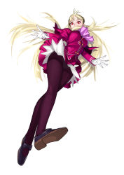 Rule 34 | 1girl, alternate color, ascot, blonde hair, breasts, capcom fighting jam, crotch seam, flats, from below, full body, gloves, hairpods, highres, ingrid (capcom), long hair, mary janes, panties, panties under pantyhose, pantyhose, purple pantyhose, red eyes, shoes, skirt, skirt set, solo, tetsu (kimuchi), thighband pantyhose, underwear, upskirt, white background, white gloves