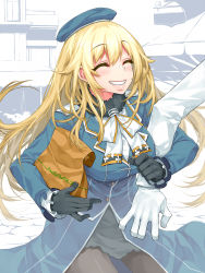 Rule 34 | 1boy, 1girl, arm hug, atago (kancolle), bag, beret, black gloves, black pantyhose, blonde hair, blue headwear, breasts, closed eyes, fur collar, gloves, grin, hair between eyes, happa (cloverppd), hat, highres, holding, holding bag, kantai collection, large breasts, long hair, long sleeves, military, military uniform, pantyhose, paper bag, smile, solo focus, uniform, very long hair, white gloves