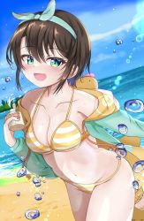 Rule 34 | 1girl, aqua eyes, beach, bikini, bikini under clothes, blue sky, blurry, blurry background, blush, breasts, brown hair, cleavage, cloud, cloudy sky, collarbone, commentary request, cowboy shot, eyelashes, hair between eyes, hairband, hand up, highres, holding, hololive, jacket, jacket over swimsuit, lens flare, long sleeves, looking at viewer, lotion, masaharu21, medium breasts, navel, official alternate costume, oozora subaru, oozora subaru (hololive summer 2019), open mouth, outdoors, shiny skin, short hair, sidelocks, sky, solo, stomach, striped bikini, striped clothes, sunscreen, swept bangs, swimsuit, thighs, virtual youtuber, water, white bikini, yellow bikini, yellow jacket