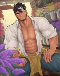 Rule 34 | 1boy, abs, absurdres, apron, bara, blouse, blue pants, blurry, closed mouth, come hither, depth of field, eyebrow cut, facial hair, flower, depth of field, full body, hand on own thigh, highres, ko shushu, large pectorals, lilac (live a hero), live a hero, looking at viewer, male focus, mature male, multicolored hair, muscular, muscular male, navel, open clothes, open shirt, pants, pectoral cleavage, pectorals, shirt, shoes, short hair, sleeves rolled up, solo, squatting, stomach, stubble, thick arms, thick eyebrows, thick thighs, thighs, white shirt