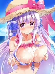 Rule 34 | 1girl, akina tsukako, areola slip, azur lane, blue sky, blush, bow, breasts, cleavage, commentary request, cygnet (azur lane), cygnet (sea star on shore) (azur lane), day, front-tie top, full-face blush, hair bow, hat, horizon, large breasts, light purple hair, long hair, looking at viewer, ocean, plaid, purple eyes, sexually suggestive, sky, solo, straw hat, suggestive fluid, swimsuit, upper body