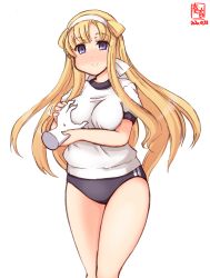 Rule 34 | 1girl, alternate costume, artist logo, black buruma, blonde hair, blue eyes, breasts, buruma, commentary request, cowboy shot, dated, disembodied hand, double bun, fletcher (kancolle), gym uniform, hairband, highres, kanon (kurogane knights), kantai collection, large breasts, long hair, revision, shirt, simple background, smile, solo, t-shirt, white background, white hairband, white shirt