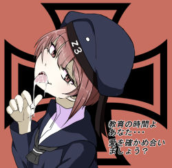 Rule 34 | 10s, 1girl, bad id, bad pixiv id, clothes writing, constricted pupils, cross, drooling, hat, iron cross, kantai collection, kodachi (kuroyuri shoukougun), red eyes, red hair, saliva, slit pupils, solo, tongue, tongue out, translated, you gonna get raped, z3 max schultz (kancolle)