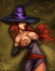 Rule 34 | 1girl, bare shoulders, breast hold, breasts, cleavage, detached sleeves, dragon&#039;s crown, dress, evulchibi, hat, highres, large breasts, long hair, red hair, side slit, solo, sorceress (dragon&#039;s crown), vanillaware, witch hat