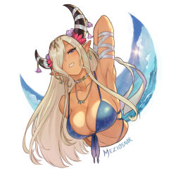 Rule 34 | 1girl, arm up, armpits, artist name, bikini, blonde hair, blue bikini, breasts, choker, cleavage, crescent, dark skin, earrings, fire emblem, fire emblem engage, grey hair, hair over one eye, horn flower, horn ornament, horn ribbon, horns, jewelry, large breasts, long hair, looking at viewer, meziosaur, necklace, nintendo, parted lips, pointy ears, presenting armpit, purple eyes, ribbon, simple background, solo, stomach, swimsuit, very long hair, white background, zelestia (fire emblem)