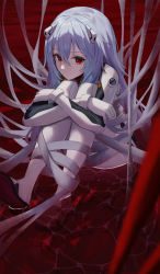 Rule 34 | 1girl, absurdres, ayanami rei, bdsm, blue hair, bodysuit, bondage, bound, closed mouth, evangelion: 3.0+1.0 thrice upon a time, fetal position, hair ornament, highres, long hair, looking at viewer, neon genesis evangelion, on floor, pension z, pilot suit, plugsuit, rebuild of evangelion, red background, red eyes, sitting, solo