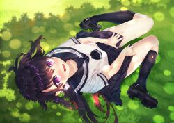 Rule 34 | 1girl, absurdres, black footwear, black hair, black sailor collar, black skirt, black socks, blouse, blush, commentary, dappled sunlight, day, embarrassed, from above, frown, grass, hair ornament, hair scrunchie, highres, kneehighs, loafers, long hair, looking at viewer, lying, miniskirt, on back, open mouth, original, outdoors, pleated skirt, purple eyes, sailor collar, scrunchie, shirt, shoes, short sleeves, sitting, skirt, skirt tug, socks, solo, sunlight, wariza, white scrunchie, white shirt, zero (miraichizu)