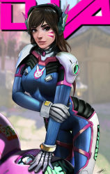 Rule 34 | 1girl, absurdres, acronym, animal print, arm grab, armor, blue bodysuit, blurry, blurry background, bodysuit, bokeh, bracer, breasts, breasts apart, brown eyes, brown hair, character name, closed mouth, cowboy shot, d.va (overwatch), depth of field, eyelashes, eyeliner, facepaint, facial mark, gloves, hand on own arm, headphones, high collar, highres, legs together, lips, lipstick, long hair, looking at viewer, makeup, mascara, mecha, medium breasts, meka (overwatch), nose, outdoors, overwatch, overwatch 1, pauldrons, petri rahkola, pilot suit, pink lips, rabbit print, realistic, ribbed bodysuit, robot, shoulder armor, shoulder pads, signature, skin tight, smile, solo, standing, swept bangs, thigh gap, thigh strap, turtleneck, whisker markings, white gloves, white legwear