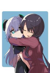 Rule 34 | 2girls, aqua eyes, arm around neck, arm around waist, black hair, blue background, border, closed eyes, closed mouth, dress, expressionless, female focus, hair ornament, hug, long hair, looking at viewer, low twintails, multiple girls, nanateru, open mouth, original, ribbon, silver hair, sweater, twintails, white border
