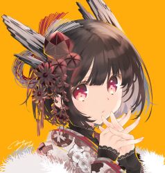 Rule 34 | 1girl, black hair, close-up, commentary request, fur shawl, hair ornament, highres, interlocked fingers, japanese clothes, kanzashi, kimono, looking at viewer, mitsumi misato, orange background, original, own hands together, pink eyes, print kimono, shawl, short hair, simple background, solo