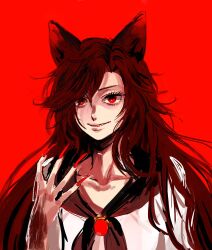 Rule 34 | 1girl, animal ears, brooch, brown fur, brown hair, collarbone, fingernails, hand up, highres, imaizumi kagerou, jewelry, kuya (hey36253625), long hair, messy hair, red background, red brooch, red eyes, red nails, sharp fingernails, smile, solo, teeth, touhou, wolf ears, wolf girl