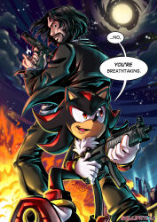 Rule 34 | 2boys, animal ears, artist name, black hair, black pants, cityscape, cloud, commentary, crossover, english commentary, english text, explosion, facial hair, fingernails, full moon, gloves, goatee, gun, hedgehog boy, highres, holding, holding gun, holding weapon, keanu reeves, long sleeves, male focus, moon, multiple boys, night, night sky, pants, red eyes, shadow the hedgehog, shoes, sky, slliphylla, smile, sonic (live action), sonic (series), sonic the hedgehog 3 (film), star (sky), tracy yardley (style), trait connection, weapon, white gloves