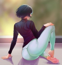 Rule 34 | 1girl, artist request, ass, barefoot, black hair, feet, fkf, hand on own knee, highres, leggings, long sleeves, parted lips, short hair, soles, solo, toes