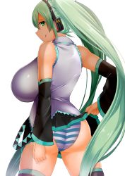 Rule 34 | 1girl, :p, bare shoulders, breasts, clothes lift, detached sleeves, facominn, green eyes, green hair, hatsune miku, highres, huge breasts, impossible clothes, long hair, looking at viewer, panties, side ponytail, simple background, skirt, skirt lift, smirk, solo, standing, striped clothes, striped panties, thighhighs, tongue, tongue out, underwear, very long hair, vocaloid, white background