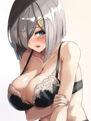 Rule 34 | 1girl, bad id, black bra, blue eyes, blush, bra, breasts, cleavage, collarbone, hair ornament, hair over one eye, hairclip, hamakaze (kancolle), holding own arm, kantai collection, large breasts, leaning forward, lingerie, looking at viewer, open mouth, seven (shijima), short hair, silver hair, solo, sweatdrop, underwear, underwear only