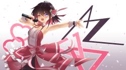 Rule 34 | 1girl, ;d, ahoge, armpits, azki (3rd costume) (hololive), azki (hololive), bare shoulders, black hair, blush, breasts, collar, commentary request, detached collar, dress, flower, gradient background, grey background, hair between eyes, heart, highres, holding, holding microphone, hololive, looking at viewer, microphone, mizunashi (second run), multicolored hair, neck ribbon, one eye closed, open mouth, outstretched arm, petals, purple eyes, red dress, red flower, red hair, red ribbon, ribbon, small breasts, smile, solo, two-tone hair, virtual youtuber, white background, white collar, wing collar, wrist cuffs