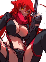 Rule 34 | 1girl, :d, anti-materiel rifle, black gloves, breasts, bullpup, chaps, cleavage, crop top, cropped jacket, fingerless gloves, gloves, goddess of victory: nikke, gun, highres, holding, holding weapon, large breasts, long hair, looking at viewer, midriff, navel, open mouth, orange eyes, red hair, red hood (nikke), red scarf, rifle, scarf, sketch, smile, sniper rifle, solo, spread legs, ura dora, very long hair, weapon, zipper