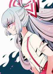 Rule 34 | 1girl, bow, commentary request, dutch angle, embers, from side, fujiwara no mokou, grey hair, hair bow, highres, long hair, mashuu masaki, pants, ponytail, red bow, red eyes, red pants, shirt, short sleeves, solo, suspenders, torn clothes, torn sleeves, touhou, white bow, white shirt