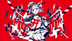 Rule 34 | 1girl, bati15, belt, bone, collar, cowboy shot, crown, fence, fingerless gloves, gloves, highres, jacket, limited palette, lock, looking at viewer, luma (vocaloid), open mouth, red background, red eyes, red theme, shirt, shirt tucked in, skirt, solo, tenjin kotone, tenjin kotone (channel), torii, virtual youtuber, vocaloid, white shirt