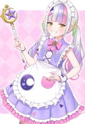 Rule 34 | 1girl, absurdres, apron, blush, brooch, commentary request, frills, grin, hair ornament, highres, holding, holding wand, hololive, jewelry, long hair, looking at viewer, maid, maid apron, maid headdress, multicolored hair, murasaki shion, murasaki shion (magical girl maid), orange eyes, pink hair, purple hair, silver hair, smile, star (symbol), star brooch, star hair ornament, thighhighs, tomozu, twintails, virtual youtuber, wand