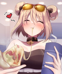 Rule 34 | 1girl, black shirt, blush, breasts, cheese trail, closed eyes, cup, disposable cup, double bun, drinking straw, eating, eyewear on head, food, girls&#039; frontline, hair bun, heart, highres, holding, holding cup, holding food, holding pizza, indoors, light brown hair, medium breasts, p90 (girls&#039; frontline), pizza, pizza slice, shirt, short hair, solo, sopranino, strapless, strapless shirt, sunglasses