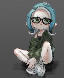 Rule 34 | 1girl, black-framed eyewear, blue hair, cardigan, closed mouth, collarbone, full body, glasses, green cardigan, green eyes, long sleeves, lowres, medium hair, nintendo, octoling, octoling girl, octoling player character, off shoulder, oimo (oimkimn), shoes, single bare shoulder, sitting, solo, splatoon (series), splatoon 2, splatoon 2: octo expansion, tentacle hair, white footwear