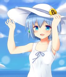 Rule 34 | 1girl, blue eyes, blue hair, blush, collarbone, erniang, hat, linda b (linda b), looking at viewer, open mouth, original, short hair, short twintails, smile, solo, sun hat, twintails, white hat