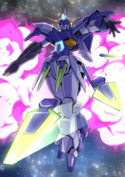 Rule 34 | absurdres, beam rifle, blade, blue eyes, commentary, energy gun, explosion, full body, funnels (gundam), glowing, glowing eyes, gundam, gundam age, gundam age-fx, highres, kaneko naoya, looking at viewer, mecha, mobile suit, no humans, robot, science fiction, solo, space, star (sky), v-fin, weapon