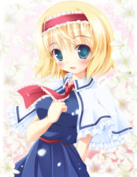 Rule 34 | 1girl, alice margatroid, altivr, blonde hair, bloom, blue eyes, blush, female focus, floral background, hairband, hand on own chest, highres, kanzaki sora, looking at viewer, necktie, short hair, solo, touhou, upper body
