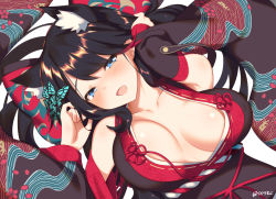 Rule 34 | animal ears, azur lane, bare shoulders, black hair, black kimono, blue eyes, blush, breasts, butterfly hair ornament, cat ears, cleavage, collarbone, detached sleeves, fusou (azur lane), hair between eyes, hair ornament, half-closed eyes, head tilt, japanese clothes, kimono, large breasts, long hair, looking at viewer, lying, multicolored hair, no bra, on back, open mouth, red hair, sidelocks, smile, solo, streaked hair, supershiruco, upper body, wide sleeves