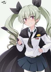 Rule 34 | 1girl, anchovy (girls und panzer), black bow, black skirt, bow, capelet, collared shirt, drill hair, girls und panzer, green hair, grin, hair bow, hazuki haru, long hair, long sleeves, looking at viewer, pantyhose, parted lips, pink eyes, shirt, skirt, smile, solo, teeth, twin drills, white pantyhose, white shirt