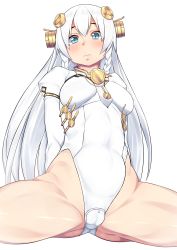 Rule 34 | 1girl, absurdres, ar tonelico, ar tonelico i, arms behind back, bad id, bad pixiv id, blue eyes, blush, braid, breasts, by spoon, cameltoe, closed mouth, covered navel, hair between eyes, headgear, highres, leotard, long hair, navel, nipples, shurelia (ar tonelico), simple background, sitting, sketch, solo, spread legs, tight clothes, unfinished, white background, white hair, white leotard