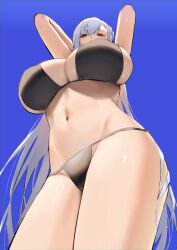 Rule 34 | 1girl, arms up, azur lane, belfast (azur lane), bikini, black bikini, blue background, blue eyes, breasts, eyebrows hidden by hair, from below, hair between eyes, huge breasts, large breasts, long hair, looking at viewer, looking down, lordol, navel, simple background, solo, stomach, swimsuit, thick thighs, thighs, under shot, underwear, white hair, wide hips